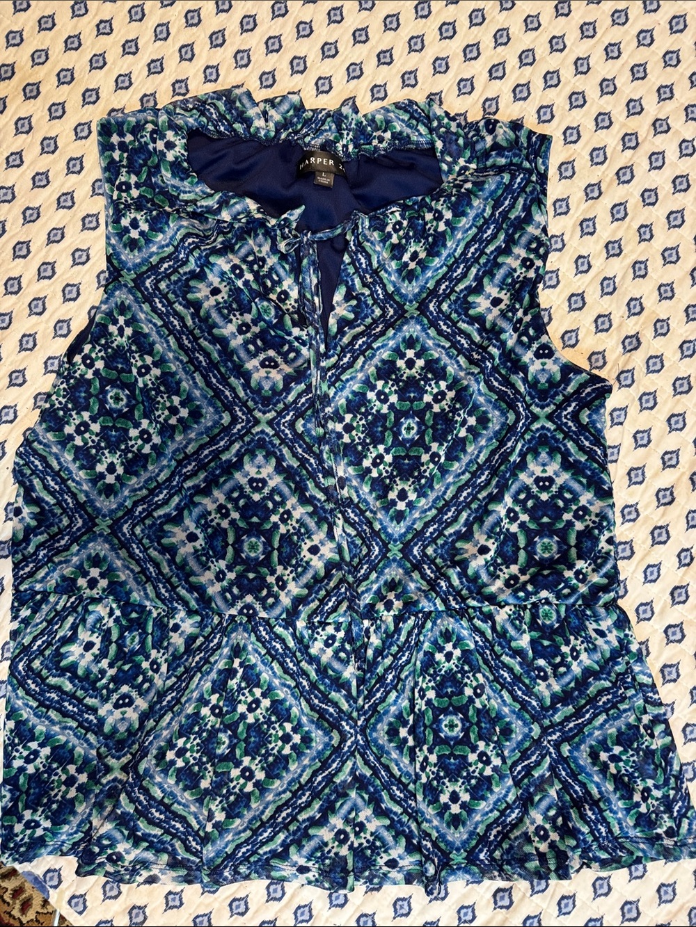 Harper 241 Blue and Green Geometric Floral Peplum Camisole ruffled bottom large